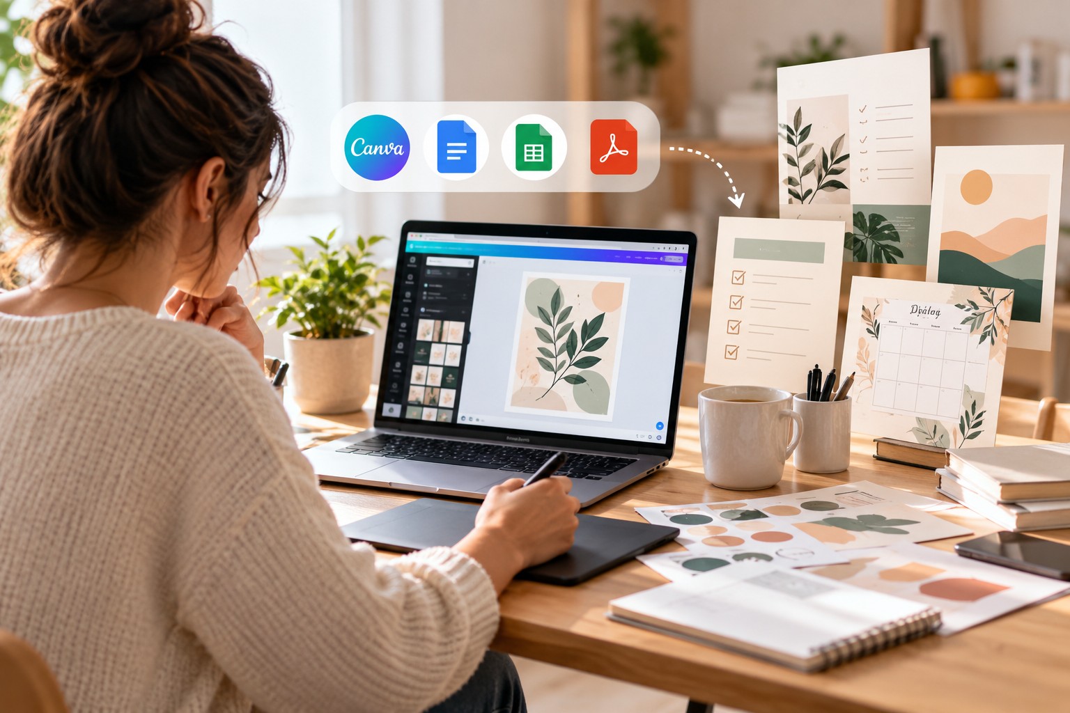 Icônes de Canva, Notion, Procreate et Google Sheets menant à un visuel sur un ordinateur portable, avec des options d'export PDF, PNG et lien