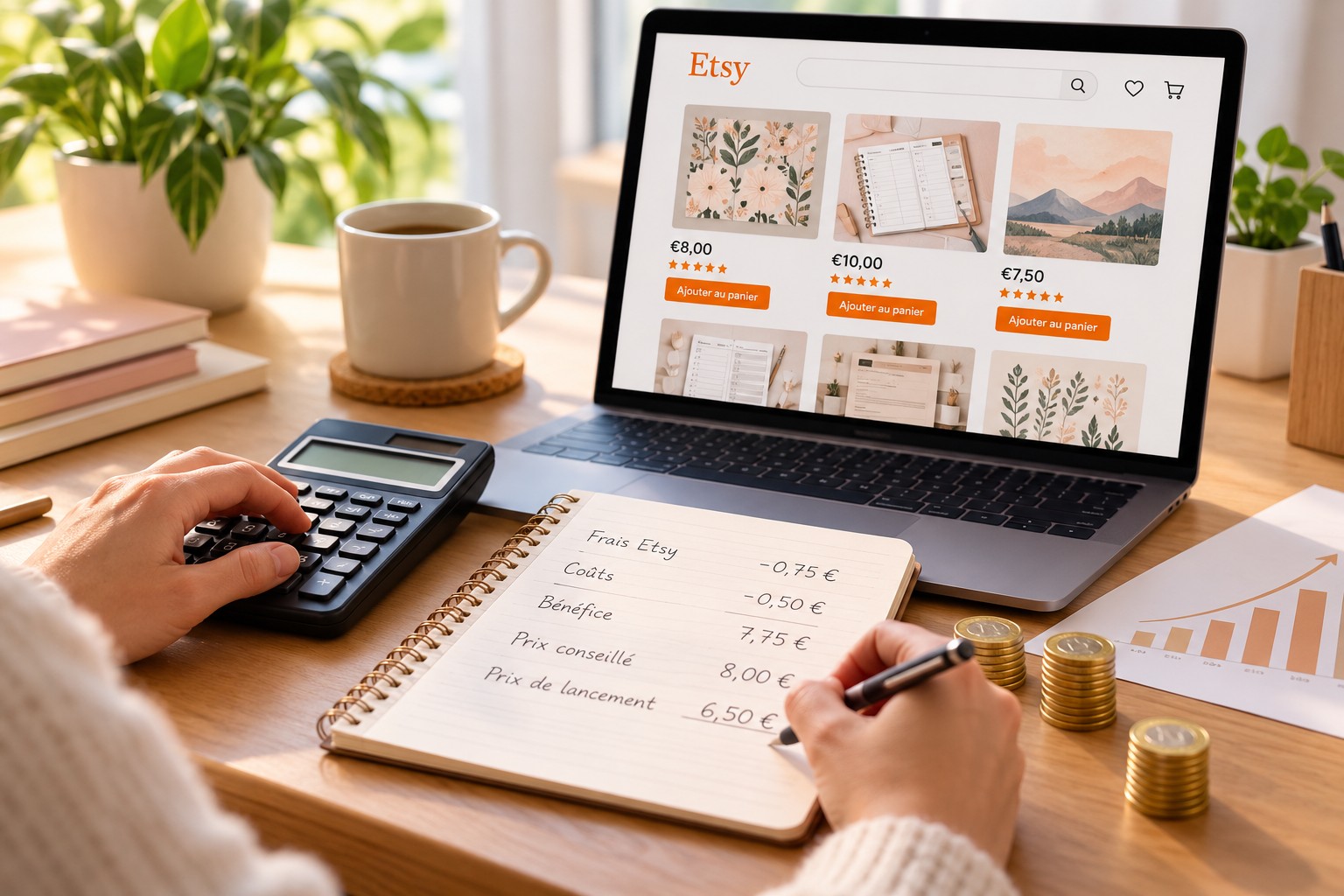Carnet montrant le détail des frais et du bénéfice, à côté d'une calculatrice et d'un ordinateur portable affichant une annonce Etsy