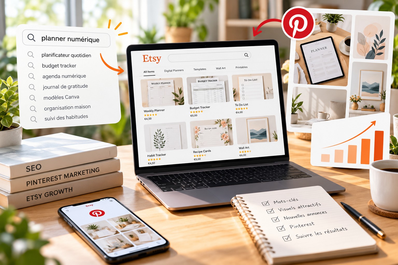 Annonce Etsy sur un ordinateur portable avec des suggestions de mots-clés, une liste de contrôle et des épingles Pinterest générant du trafic
