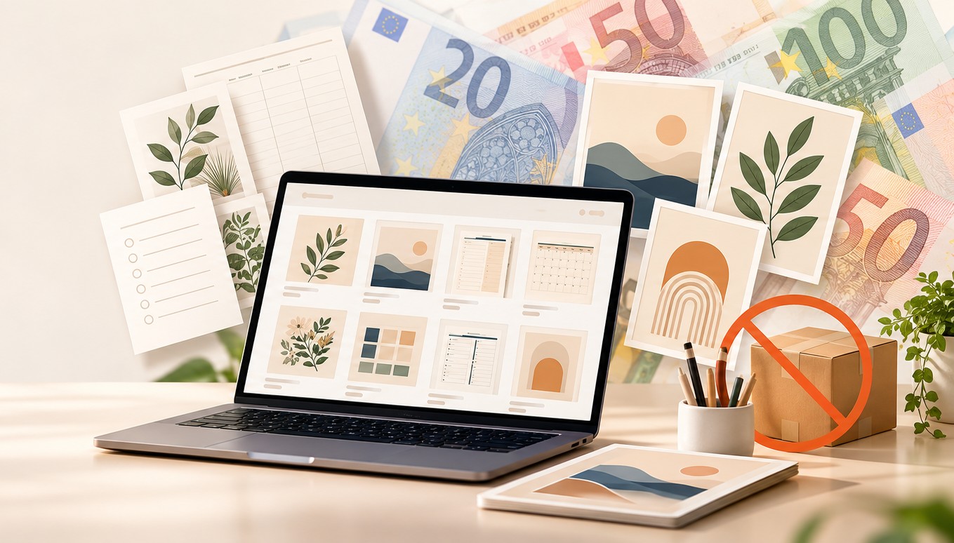 Ordinateur portable affichant une boutique Etsy remplie de planners imprimables et de modèles, à côté d'une tasse de café, d'un carnet, de billets et de pièces